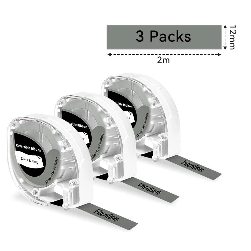 Phomemo 12mmx2m Black on Silver&Navy Reversible Ribbon Label Tapes for P12/P12PRO - Image 2