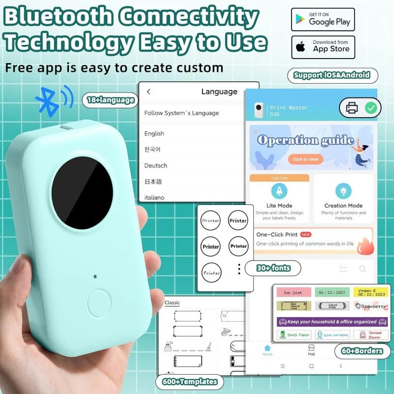 Phomemo 5 Roll D30 Mini Inkless Label Printer Bundle | Cyan - Image 4