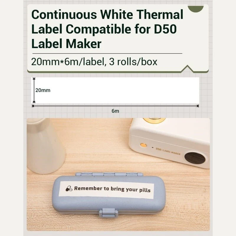 Phomemo 20mmx6m White Adhesive Continuous Thermal Label for D50 - Image 4