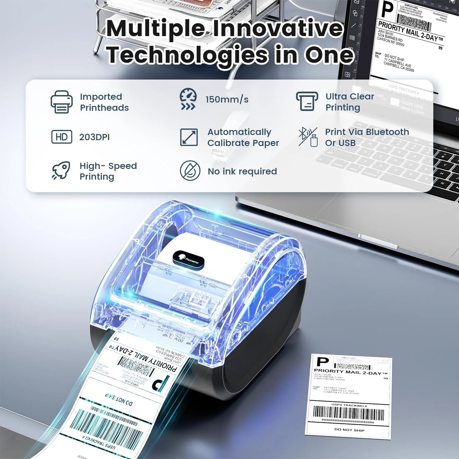 Phomemo Bluetooth Thermal Label Printer 4X6 - D520BT Wireless Shipping Label Printer Build-in Holder, Thermal Label Maker for Return Shipping Package, Compatible with Amazon, USPS, Shopify, Ebay - Image 3