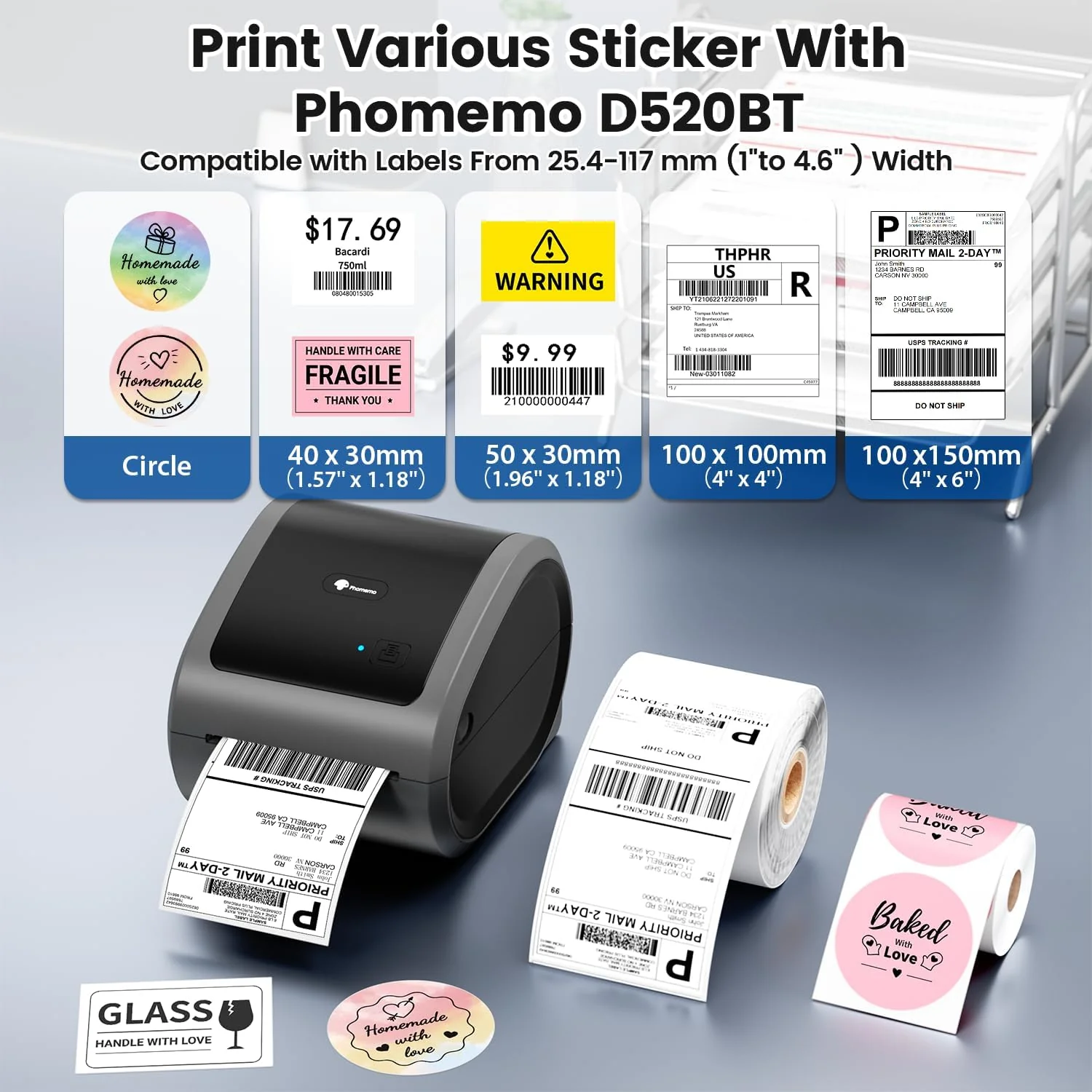 Phomemo Bluetooth Thermal Label Printer 4X6 - D520BT Wireless Shipping Label Printer Build-in Holder, Thermal Label Maker for Return Shipping Package, Compatible with Amazon, USPS, Shopify, Ebay - Image 5