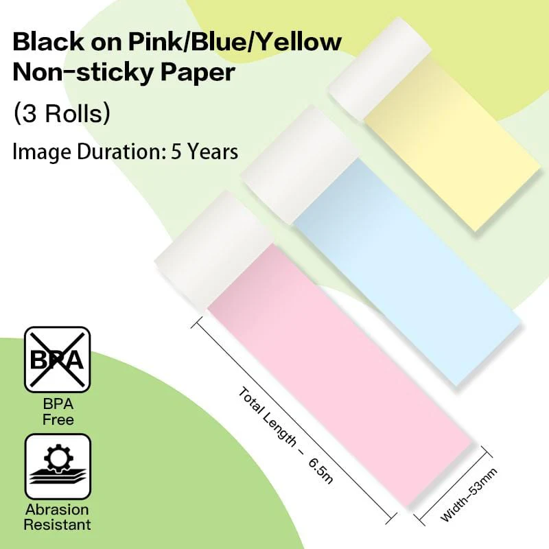 Phomemo 53mm Yellow/Blue/Pink Non-Adhesive 5-Year-Lasting Thermal Paper for T02/M02X/M832丨3 Rolls - Image 4