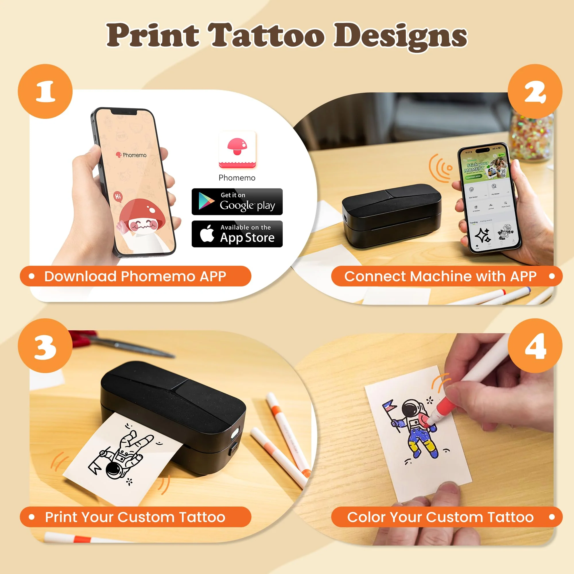 Phomemo DIY Temporary Tattoo Maker,TK32 Tattoo Maker Create Custom Temporary Tattoos,Temporary Tattoo Printer Kit with 50 Papers,8 Markers,for Parties,Events,Gifts & Creative Fun - Image 6