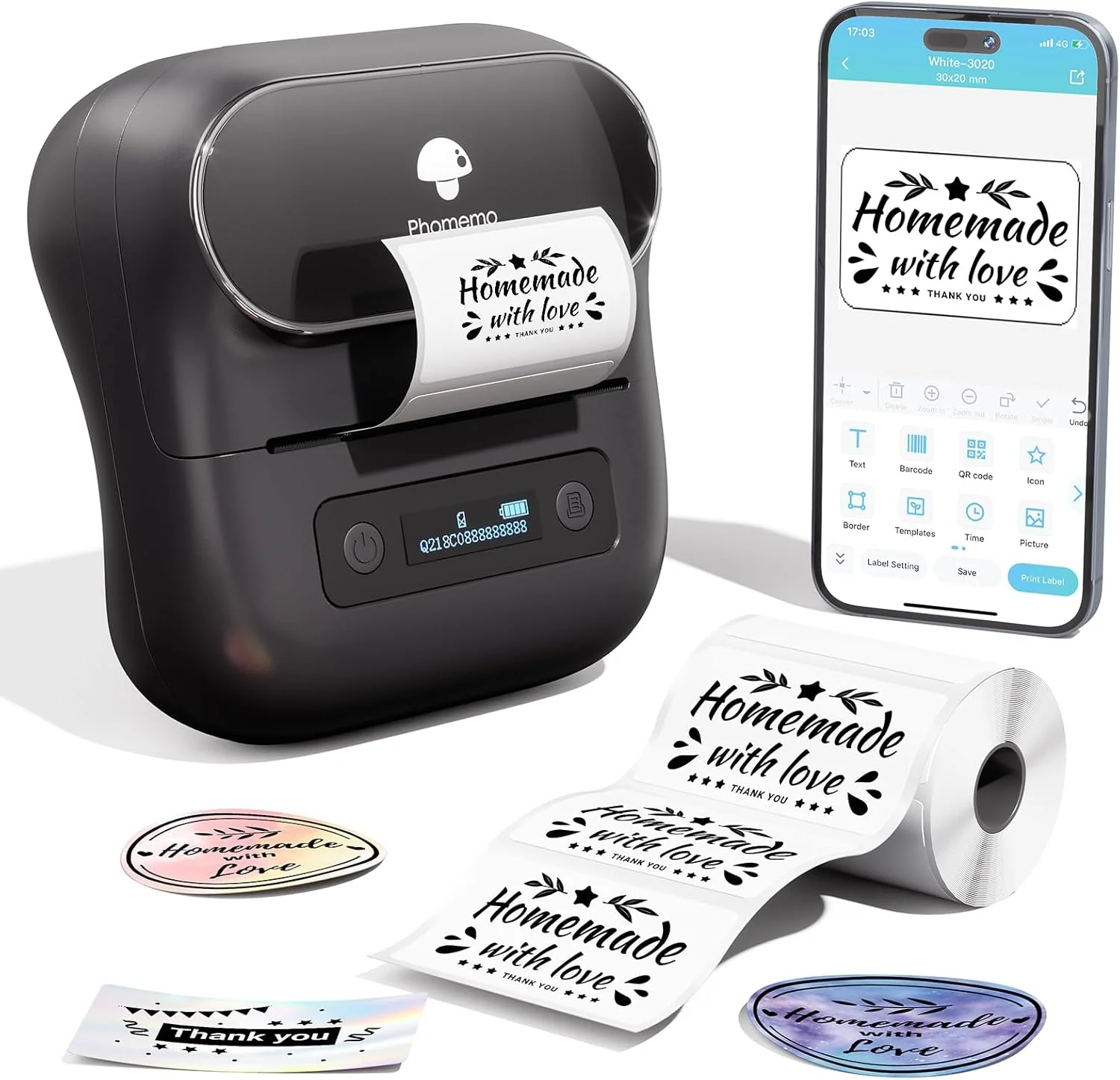 Phomemo Label Maker, M220 Label Printer, 3 Inch Thermal Label Maker Machine for Home Office,Warehouse Organization,Portable Sticker Printer with 1000+ Icons, 200+ Templates & Fonts