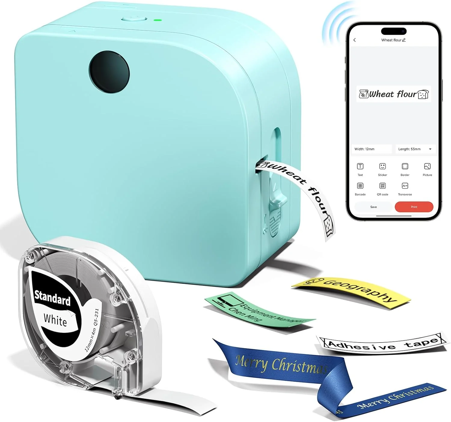 Phomemo P12 Label Maker Machine with Tape, Bluetooth Small Label Maker with Multiple Templates Portable Thermal Transfer Ribbon Label Printer for Home, School, Organization, Office, Green