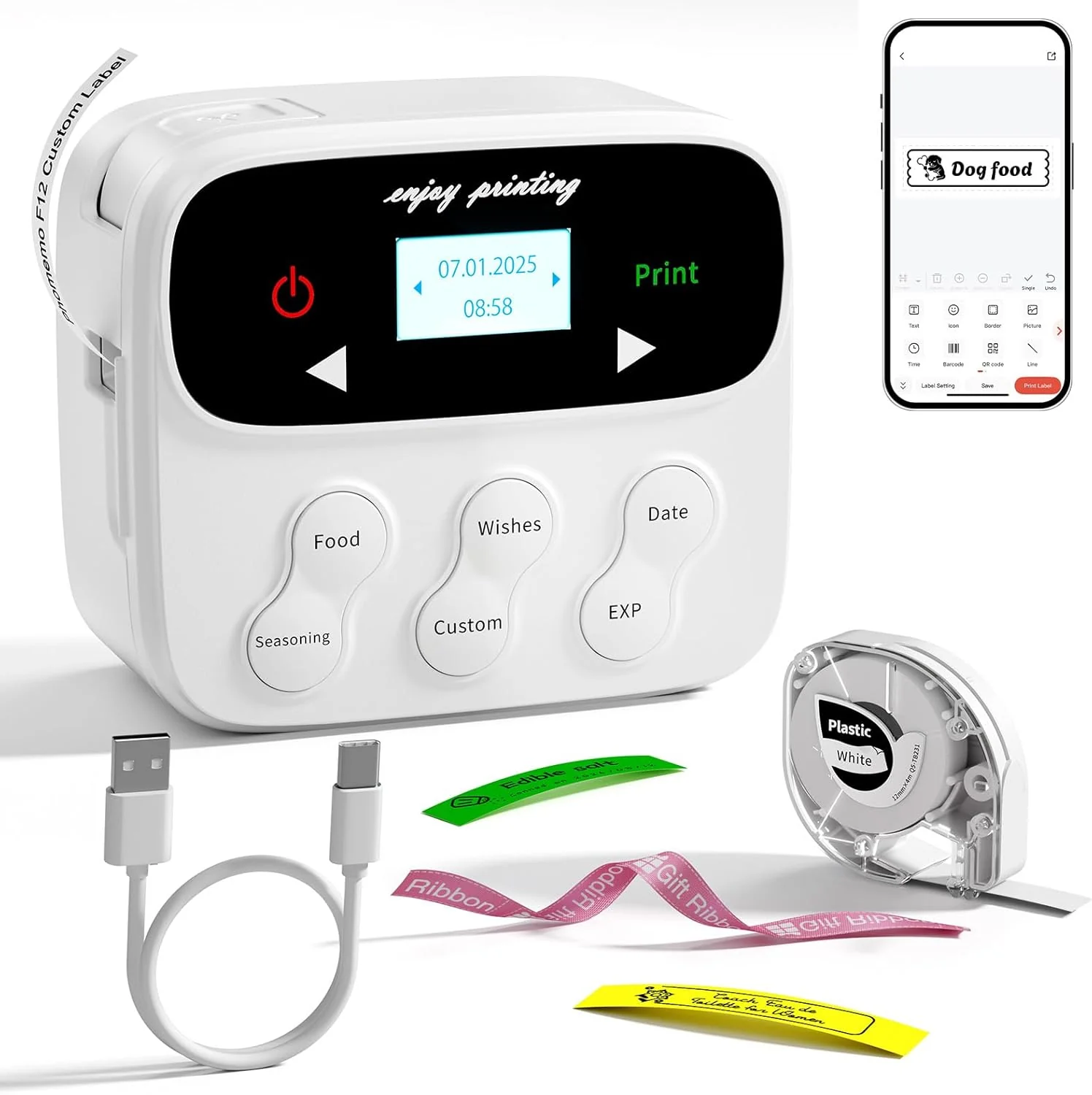 Phomemo Label Maker Machine with-Tapes, F12 Portable Bluetooth Label Makers with Magnetic Rechargeable Mini Labeler Screen Word Selection Time-saving Quick Print for Kitchen Home Christmas Decorations, Standard Printer