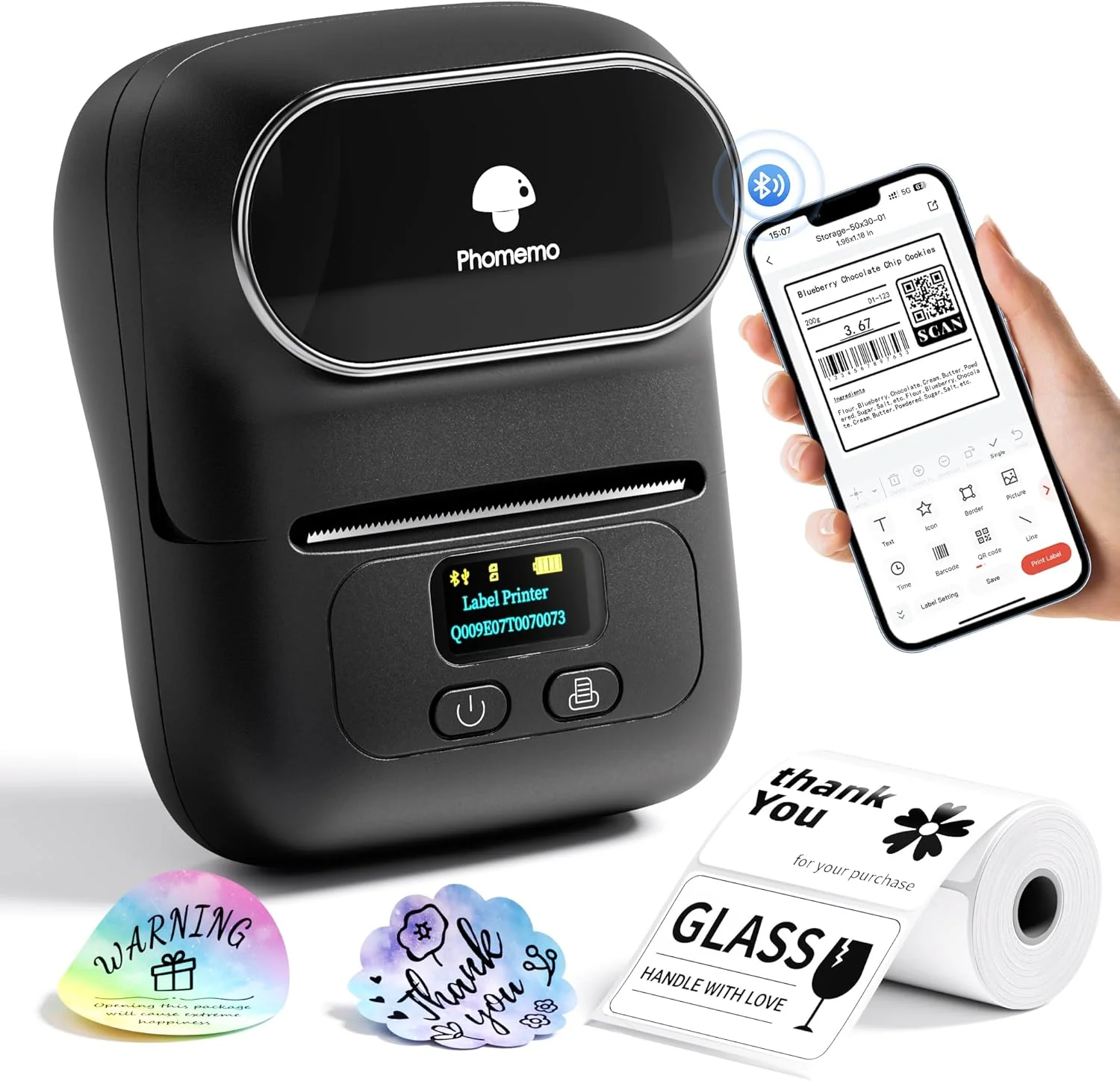 Phomemo M110 Label Makers - Barcode Label Printer Bluetooth Label Maker Portable Thermal Printer for Small Business, Address, Barcode, Logo, Clothing, Mailing, Sticker Printers for Phones & PC, Black, Standard Printer