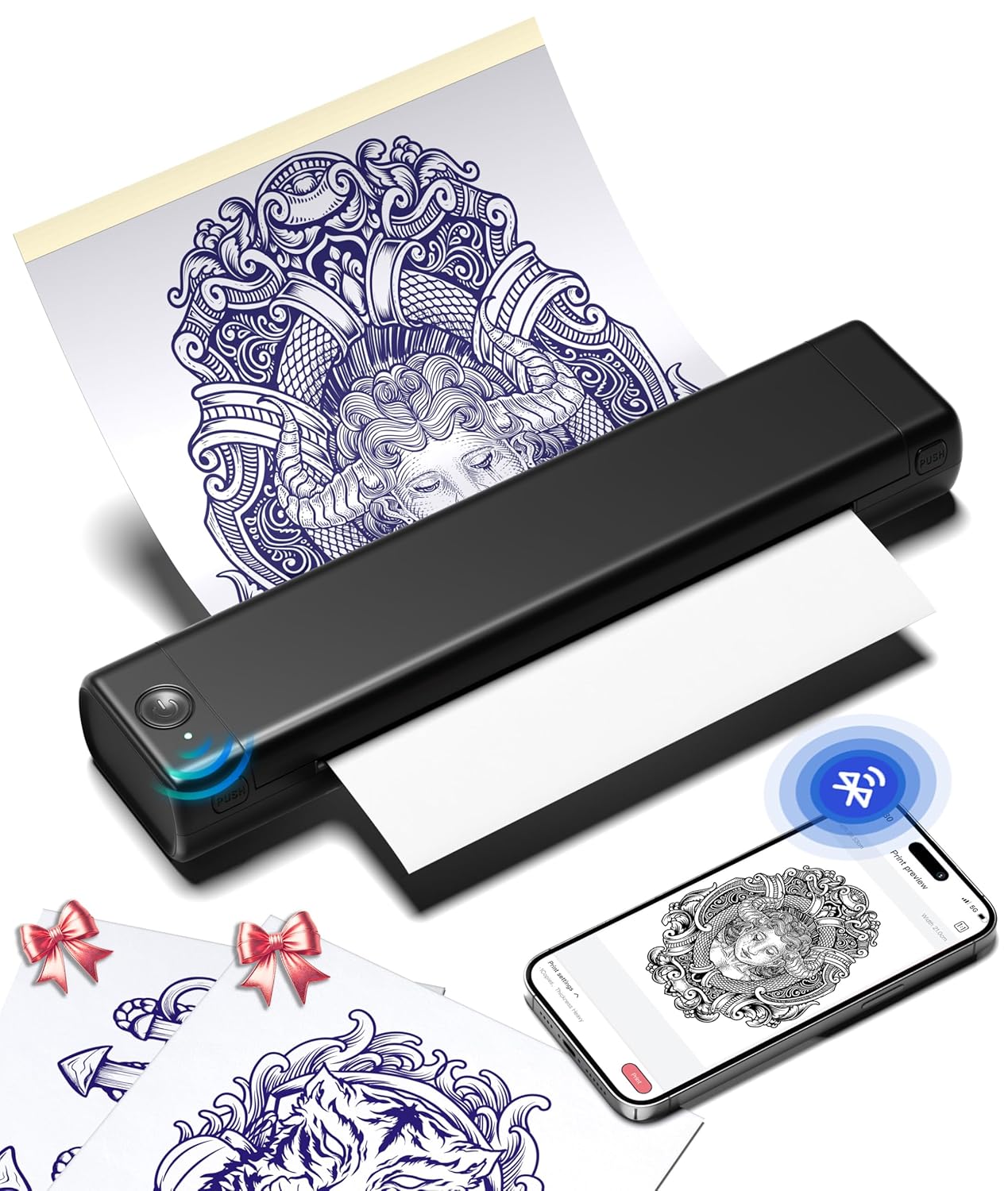 Phomemo Tattoo Stencil Printer, M08F Wireless Thermal Tattoo Printer with 10pcs Transfer Paper, Compatible with Phone/Tablet/PC, Tattoo Supplies for Tattoo Artists & Beginners, All Black, Standard Printer