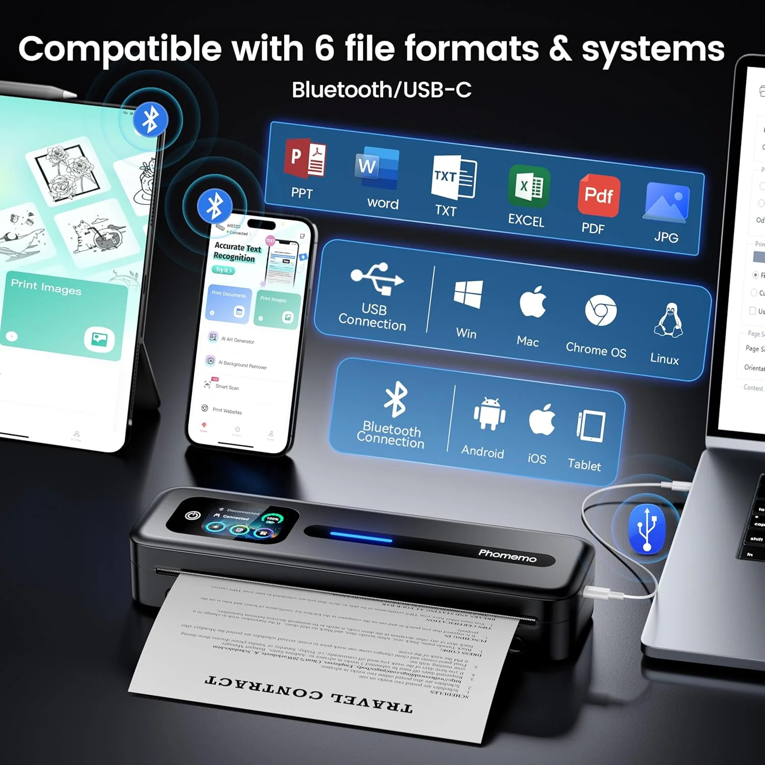 Phomemo Upgraded Portable Printer with Touchscreen, M832D Bluetooth Wireless Thermal Inkless Printer, Supports 8.5"x11" US Letter & A4, Compatible with iOS, Android, PC for Travel, Black - Image 5